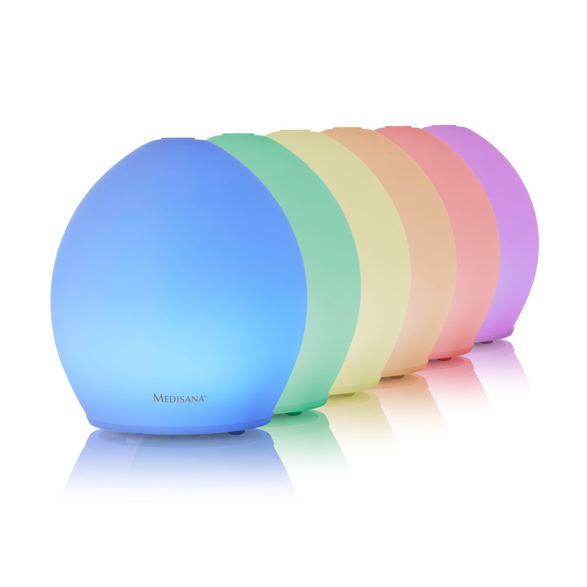 Mehrere Aroma-Diffuser sind nebeneinander dargestellt und zeigen unterschiedliche Farben der integrierten Beleuchtung.